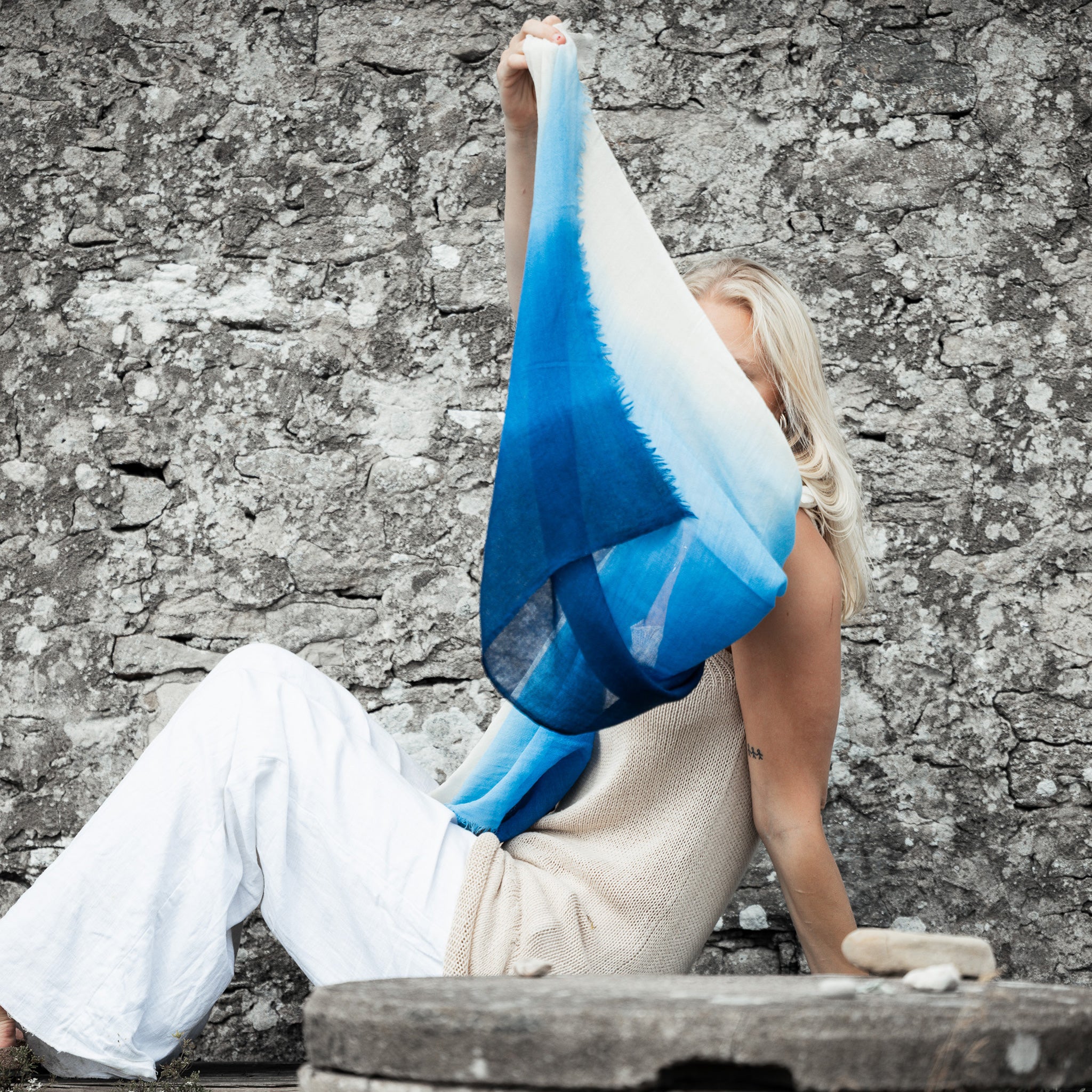 Silk & Wool Scarf – Blue & White